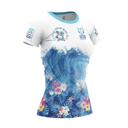 La Camiseta de Manga Corta Mujer – Swim Bike Run Wave presenta un diseño dinámico y colorido.